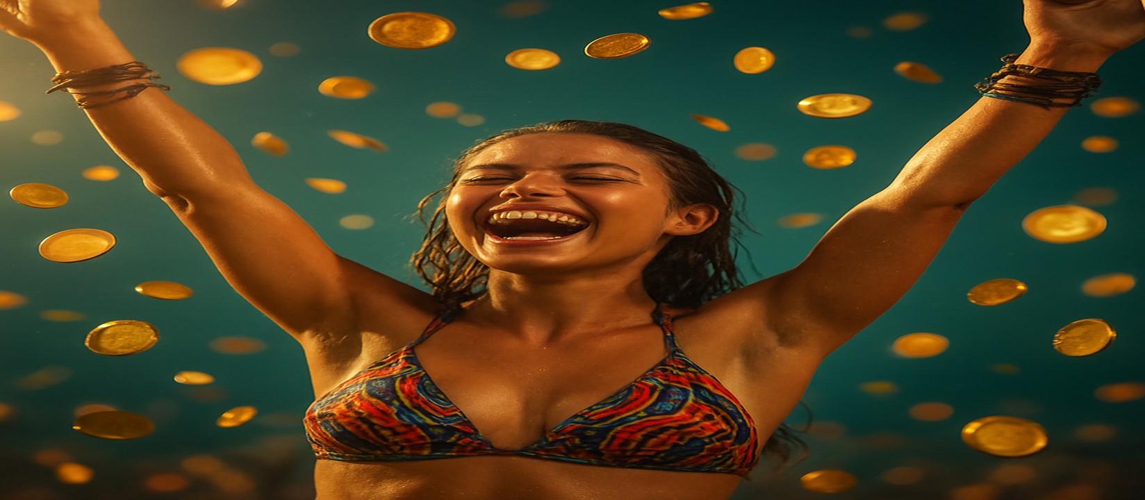 মুদ্রার ঝরনার মাঝে g999 রঙিন পোশাকে এক নারী